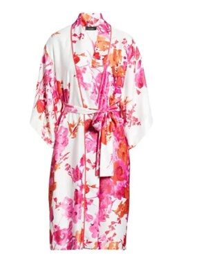 Natori White Satin Kimono Robe with Pink & Orange Floral